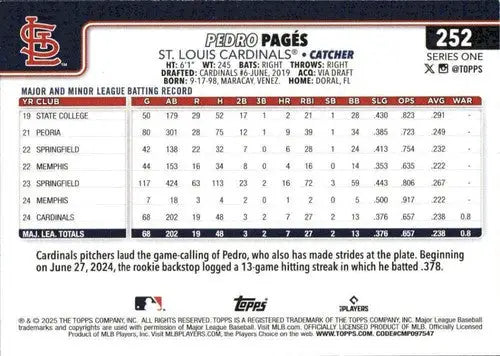 Baseball trading card of Pedro Pages with original gloss from 2025 Topps #252 NM-MT