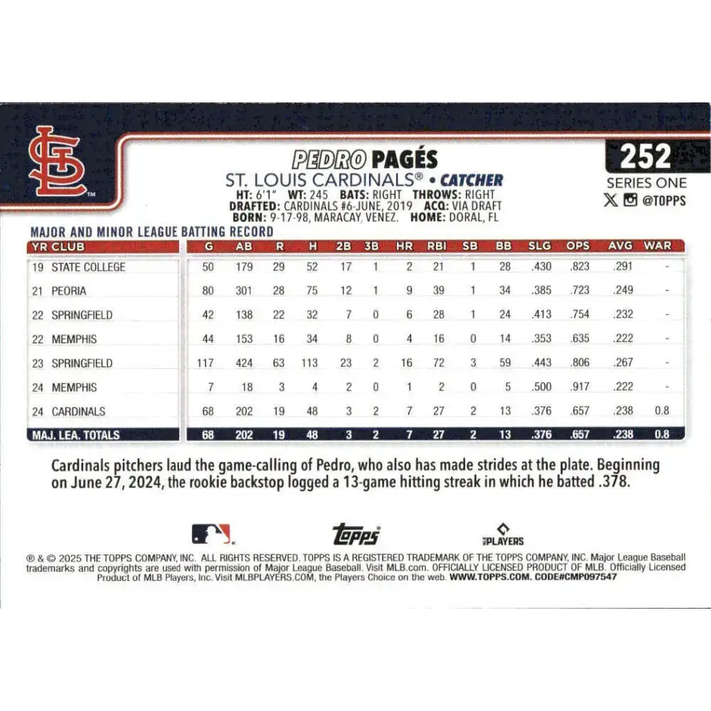 2025 Topps #252 Pedro Pages NM-MT St Louis Cardinals Baseball Card - Baseball Card Single