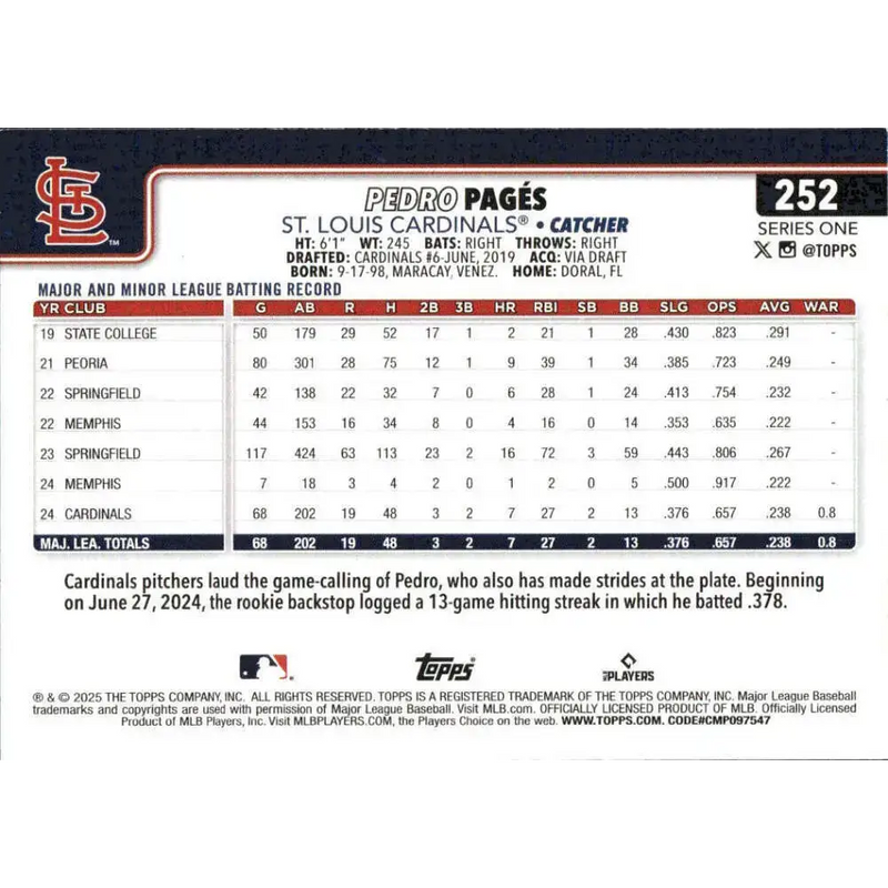 2025 Topps #252 Pedro Pages NM-MT St Louis Cardinals Baseball Card - Baseball Card Single