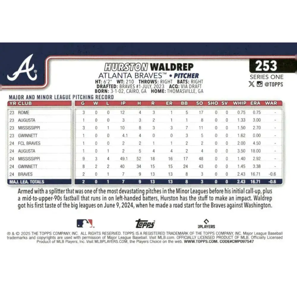 2025 Topps #253 Hurston Waldrep NM-MT RC Rookie Atlanta Braves Baseball Card - Baseball Card Single