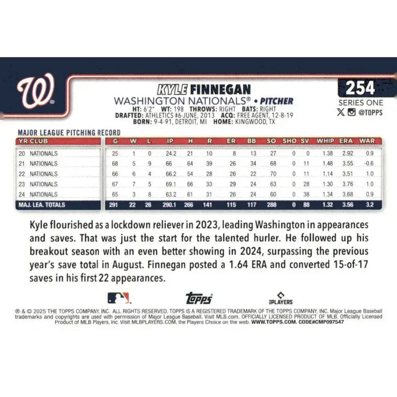 2025 Topps #254 Kyle Finnegan NM-MT Washington Nationals Baseball Card - Baseball Card Single