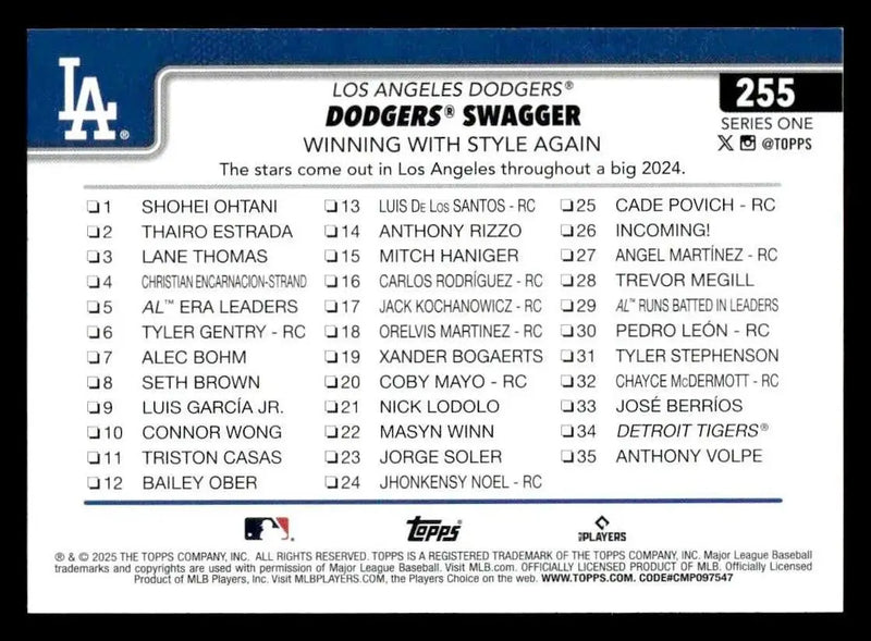 2025 Topps #255 Dodgers Swagger: Winning With Style Again - Baseball Card Single
