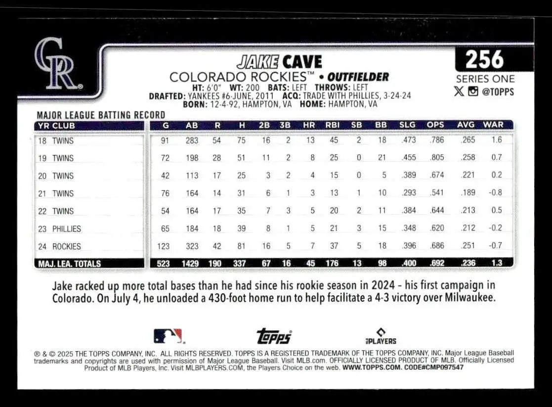 2025 Topps #256 Jake Cave - Baseball Card Single