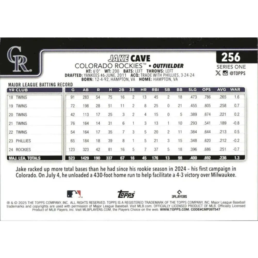 2025 Topps #256 Jake Cave NM-MT Colorado Rockies Baseball Card - Baseball Card Single