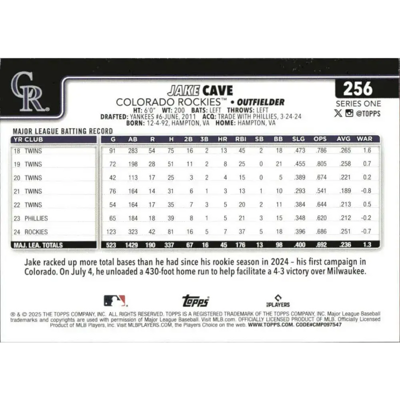 2025 Topps #256 Jake Cave NM-MT Colorado Rockies Baseball Card - Baseball Card Single