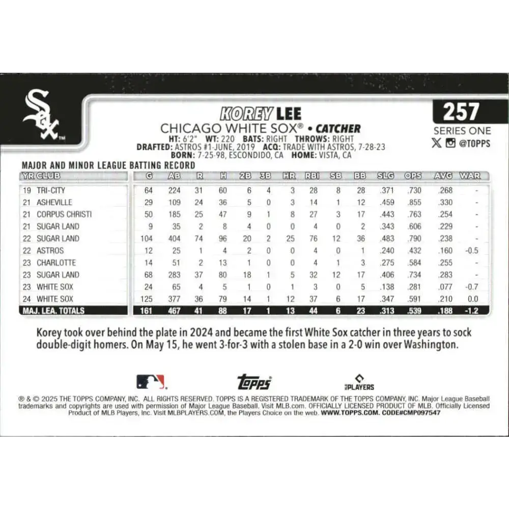 2025 Topps #257 Korey Lee NM-MT Chicago White Sox Baseball Card - Baseball Card Single