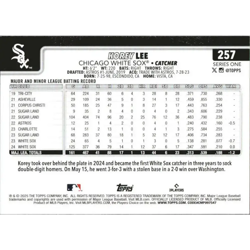 2025 Topps #257 Korey Lee NM-MT Chicago White Sox Baseball Card - Baseball Card Single