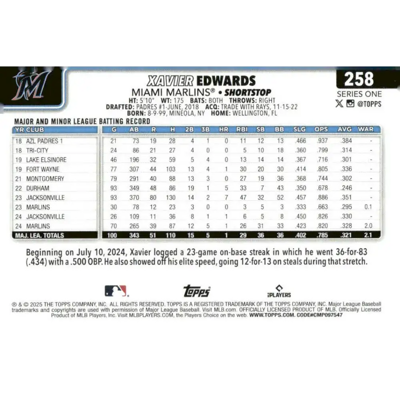 2025 Topps #258 Xavier Edwards NM-MT Miami Marlins Baseball Card - Baseball Card Single