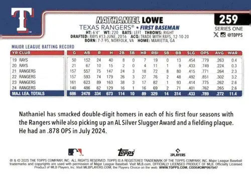Original gloss baseball trading card of Nathaniel Lowe NM-MT from 2025 Topps #259