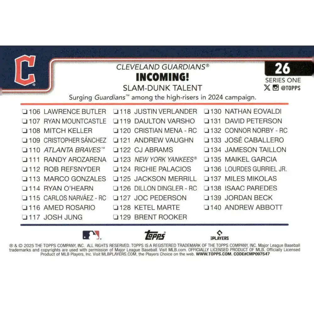 2025 Topps #26 Will Brennan NM-MT Cleveland Guardians Baseball Card - Baseball Card Single
