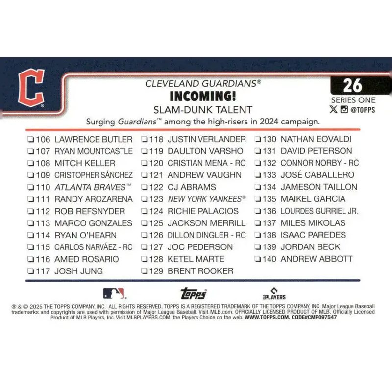 2025 Topps #26 Will Brennan NM-MT Cleveland Guardians Baseball Card - Baseball Card Single