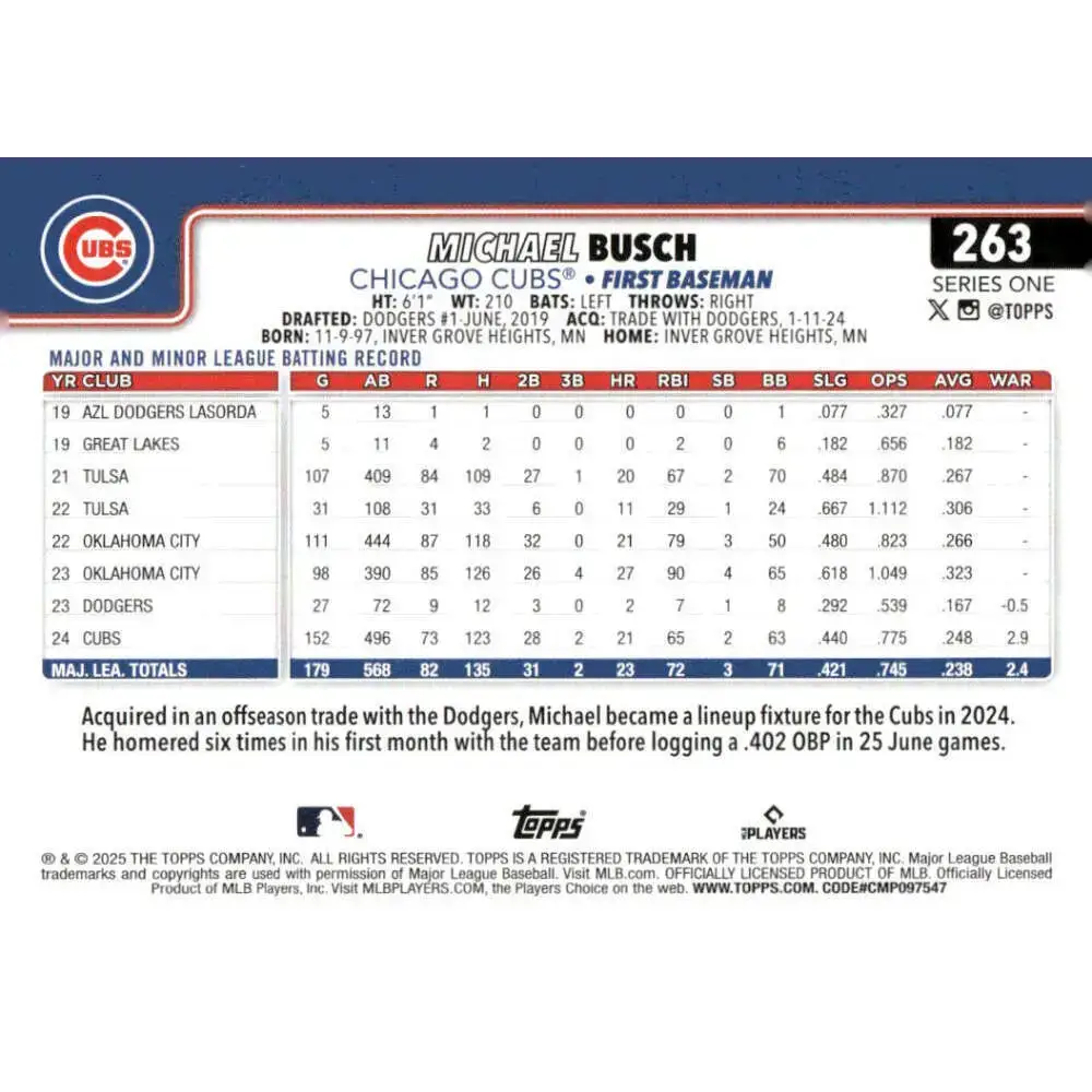 2025 Topps #263 Michael Busch NM-MT Chicago Cubs Baseball Card - Baseball Card Single
