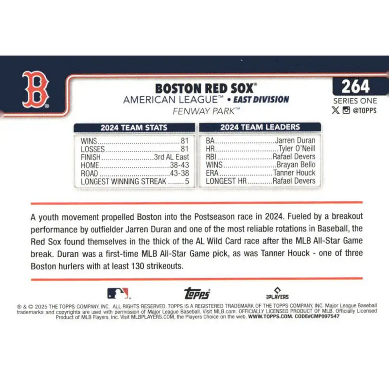 2025 Topps #264 Boston Red Sox NM-MT Boston Red Sox Baseball Card - Baseball Card Single