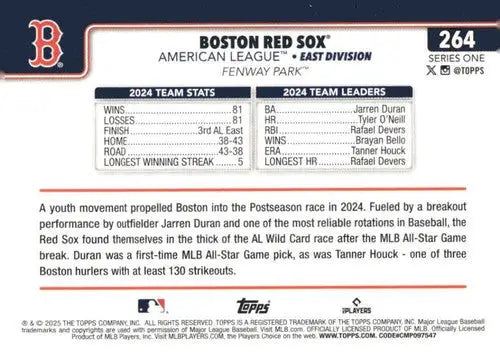 Back of a Boston Red Sox baseball card from 2025 Topps #264 showcasing team details