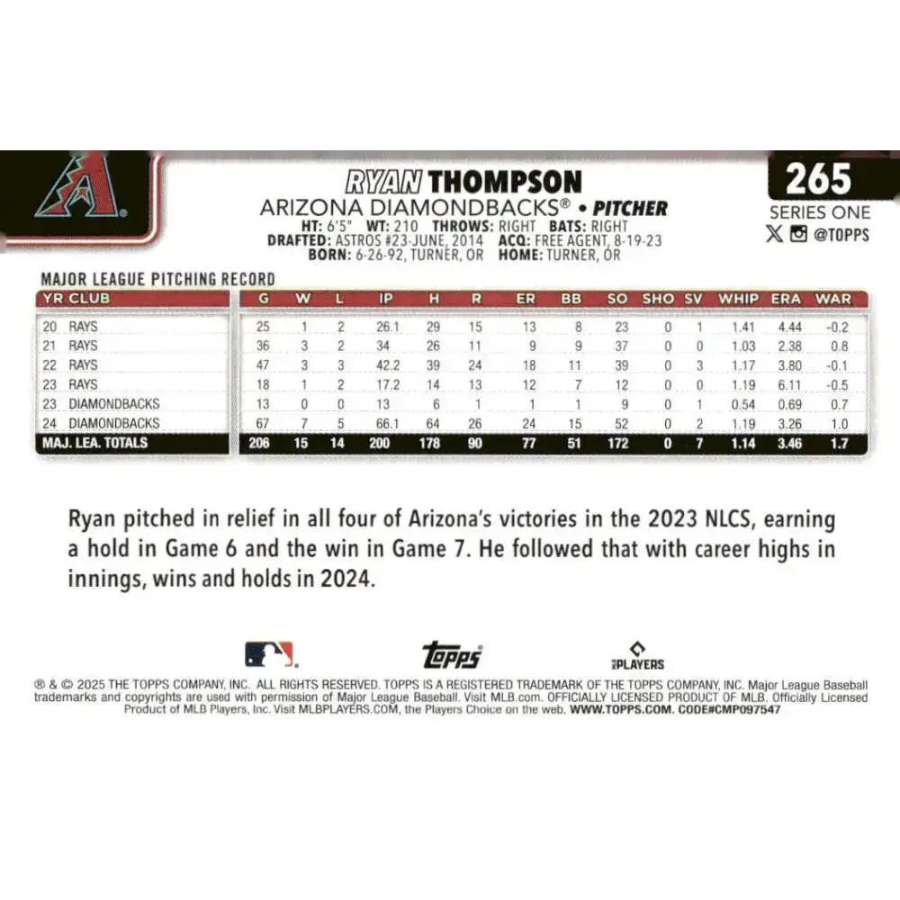 2025 Topps #265 Ryan Thompson NM-MT Arizona Diamondbacks Baseball Card - Baseball Card Single
