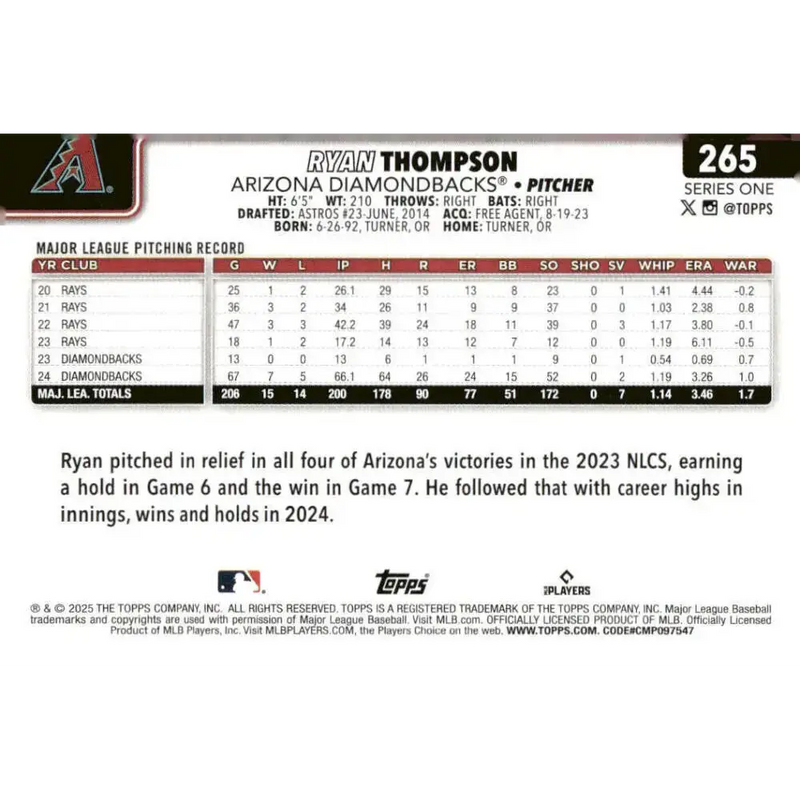 2025 Topps #265 Ryan Thompson NM-MT Arizona Diamondbacks Baseball Card - Baseball Card Single