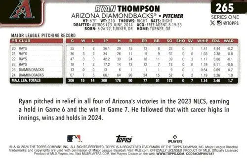 Original gloss Ryan Thompson baseball card 2025 Topps NM-MT Diamondbacks ID77003