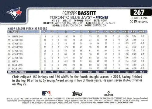 Baseball card of Chris Bassitt of the Toronto Blue Jays with original gloss in 2025 Topps