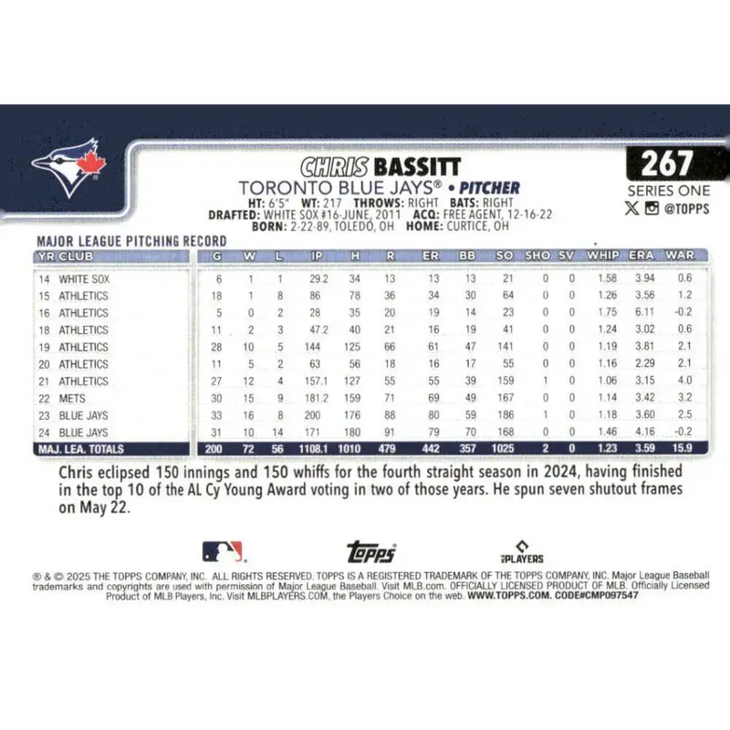 2025 Topps #267 Chris Bassitt NM-MT Toronto Blue Jays Baseball Card - Baseball Card Single