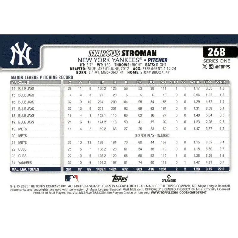2025 Topps #268 Marcus Stroman NM-MT New York Yankees Baseball Card - Baseball Card Single
