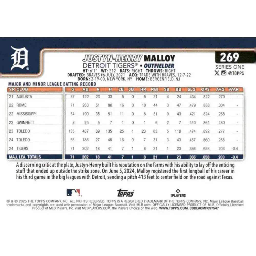 2025 Topps #269 Justyn-Henry Malloy NM-MT RC Rookie Detroit Tigers Baseball Card - Baseball Card Single