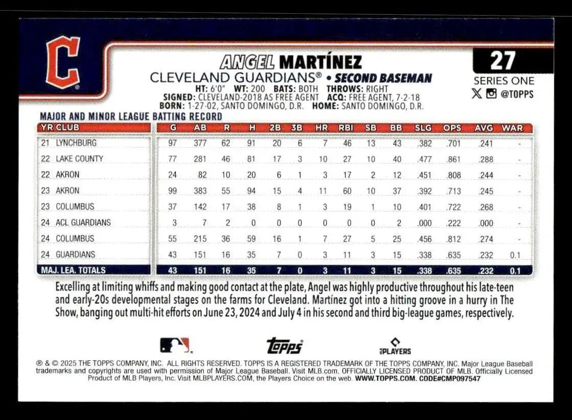 2025 Topps #27 Angel Martinez - Baseball Card Single