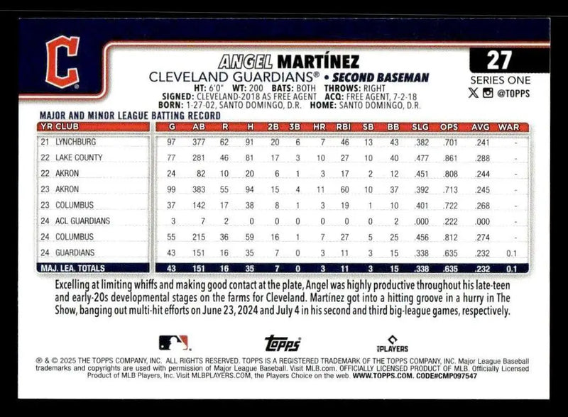 2025 Topps #27 Angel Martinez - Baseball Card Single