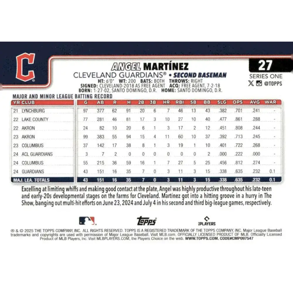2025 Topps #27 Angel Martinez NM-MT RC Rookie Cleveland Guardians Baseball Card - Baseball Card Single