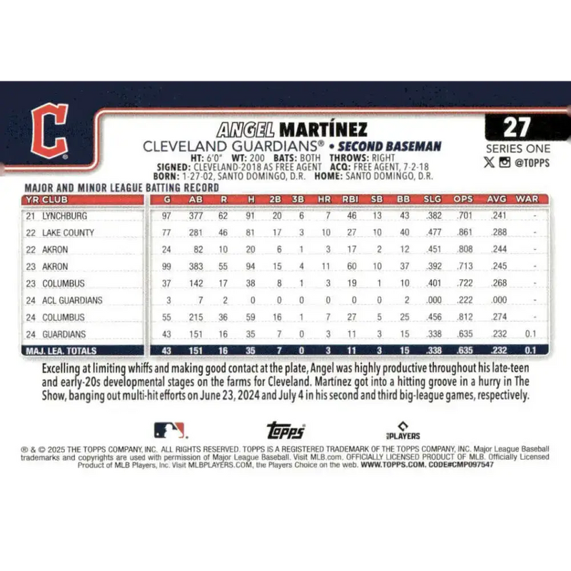 2025 Topps #27 Angel Martinez NM-MT RC Rookie Cleveland Guardians Baseball Card - Baseball Card Single
