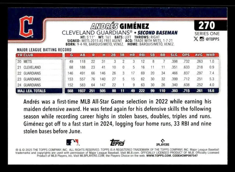 2025 Topps #270 Andrés Giménez - Baseball Card Single