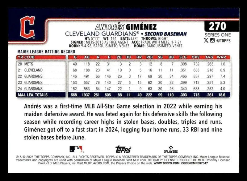 2025 Topps #270 Andrés Giménez - Baseball Card Single