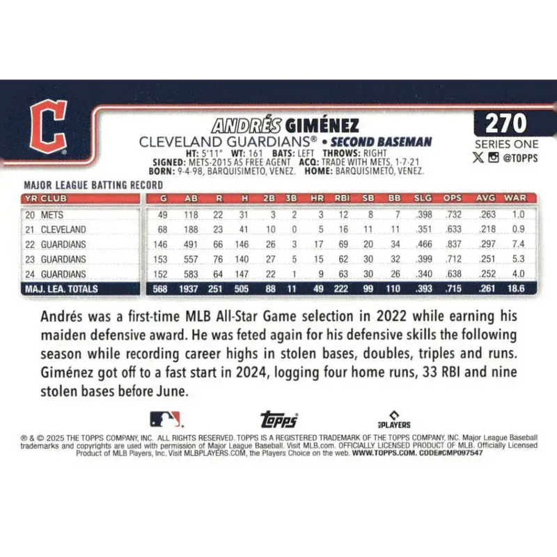 2025 Topps #270 Andres Gimenez NM-MT Cleveland Guardians Baseball Card - Baseball Card Single