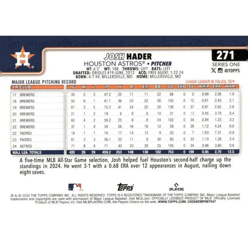2025 Topps #271 Josh Hader NM-MT Houston Astros Baseball Card - Baseball Card Single