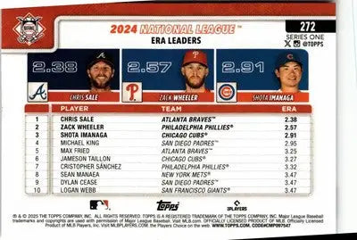 2025 Topps #272 National League Leaders ERA (Sale / Wheeler / Imanaga) - Baseball Card Single