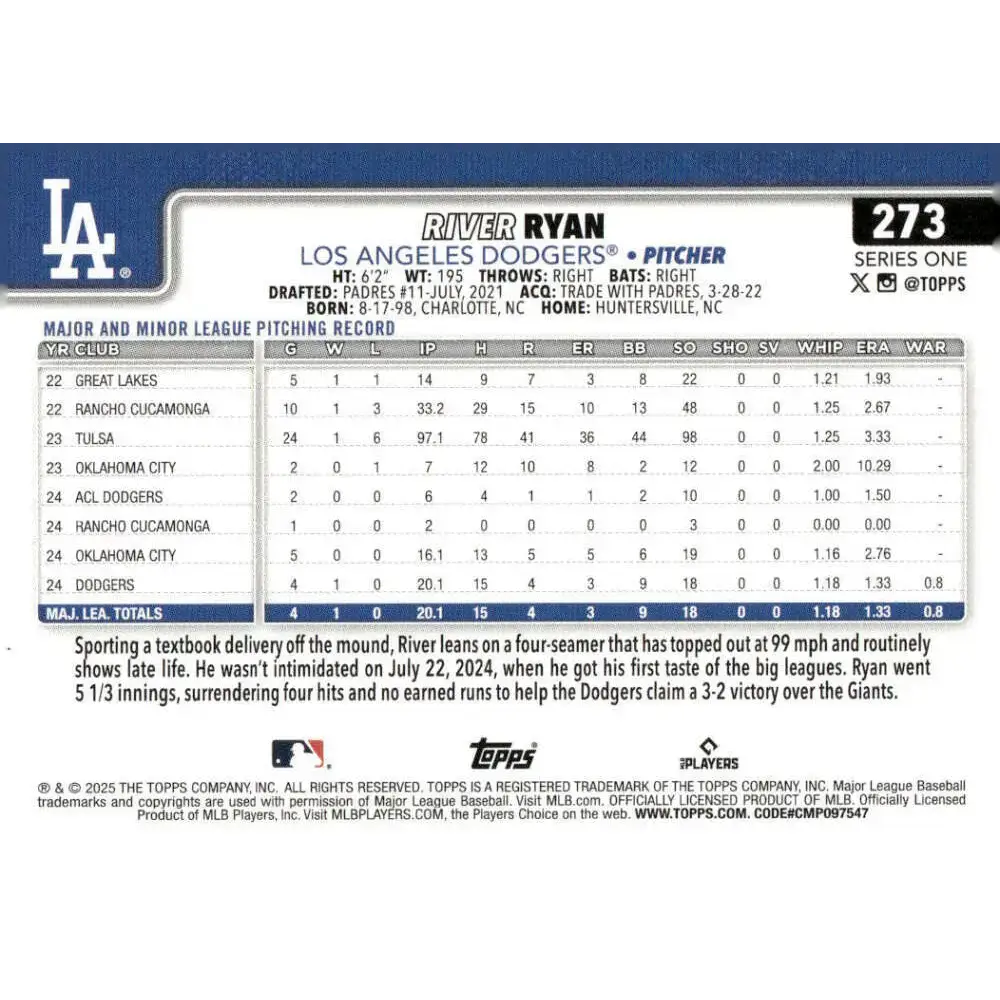 2025 Topps #273 River Ryan NM-MT RC Rookie Los Angeles Dodgers Baseball Card - Baseball Card Single