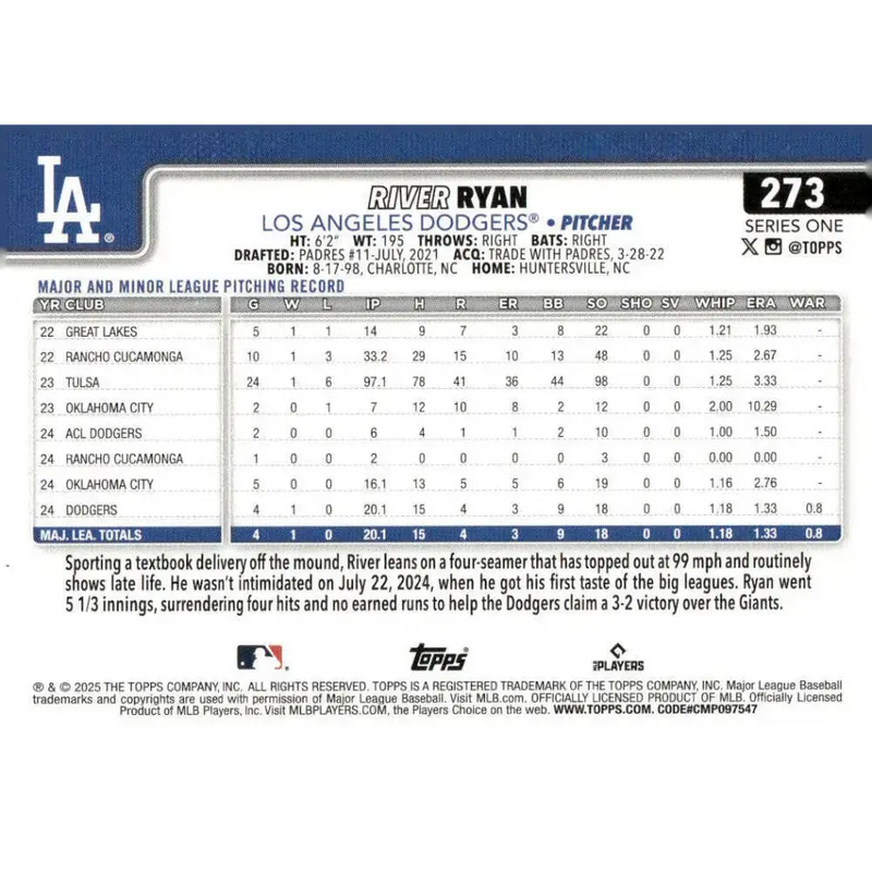 2025 Topps #273 River Ryan NM-MT RC Rookie Los Angeles Dodgers Baseball Card - Baseball Card Single