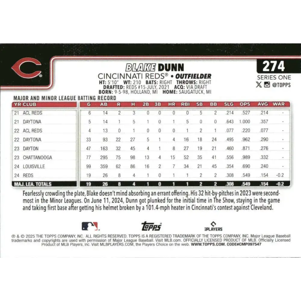 2025 Topps #274 Blake Dunn NM-MT RC Rookie Cincinnati Reds Baseball Card - Baseball Card Single
