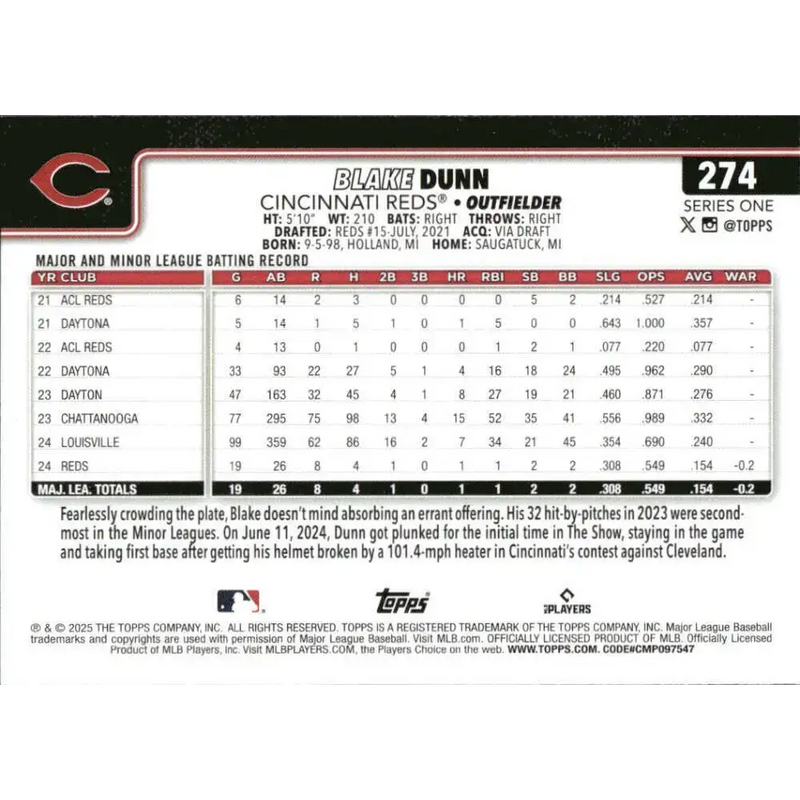 2025 Topps #274 Blake Dunn NM-MT RC Rookie Cincinnati Reds Baseball Card - Baseball Card Single