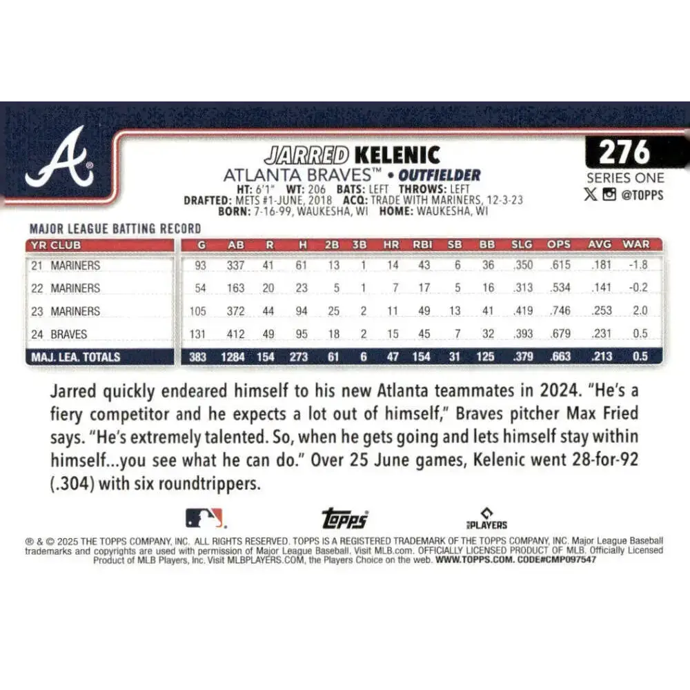 2025 Topps #276 Jarred Kelenic NM-MT Atlanta Braves Baseball Card - Baseball Card Single
