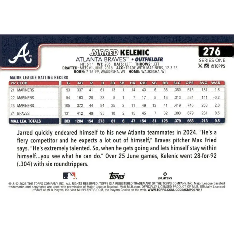 2025 Topps #276 Jarred Kelenic NM-MT Atlanta Braves Baseball Card - Baseball Card Single