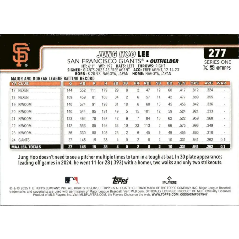 2025 Topps #277 Jung Hoo Lee NM-MT San Francisco Giants Baseball Card - Baseball Card Single