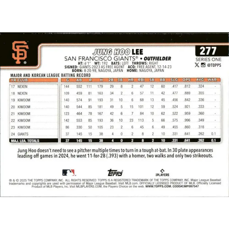 2025 Topps #277 Jung Hoo Lee NM-MT San Francisco Giants Baseball Card - Baseball Card Single