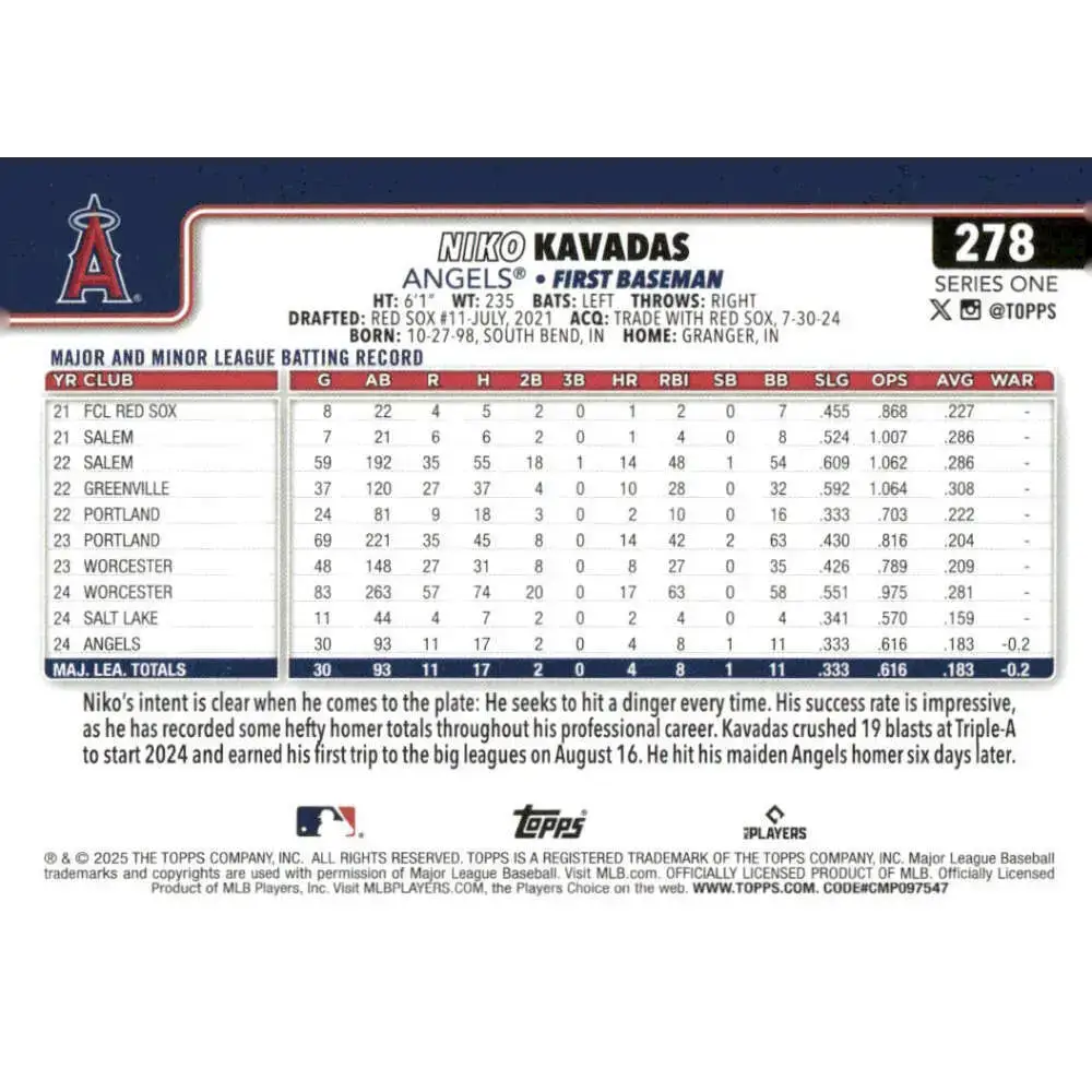 2025 Topps #278 Niko Kavadas NM-MT RC Rookie Los Angeles Angels Baseball Card - Baseball Card Single
