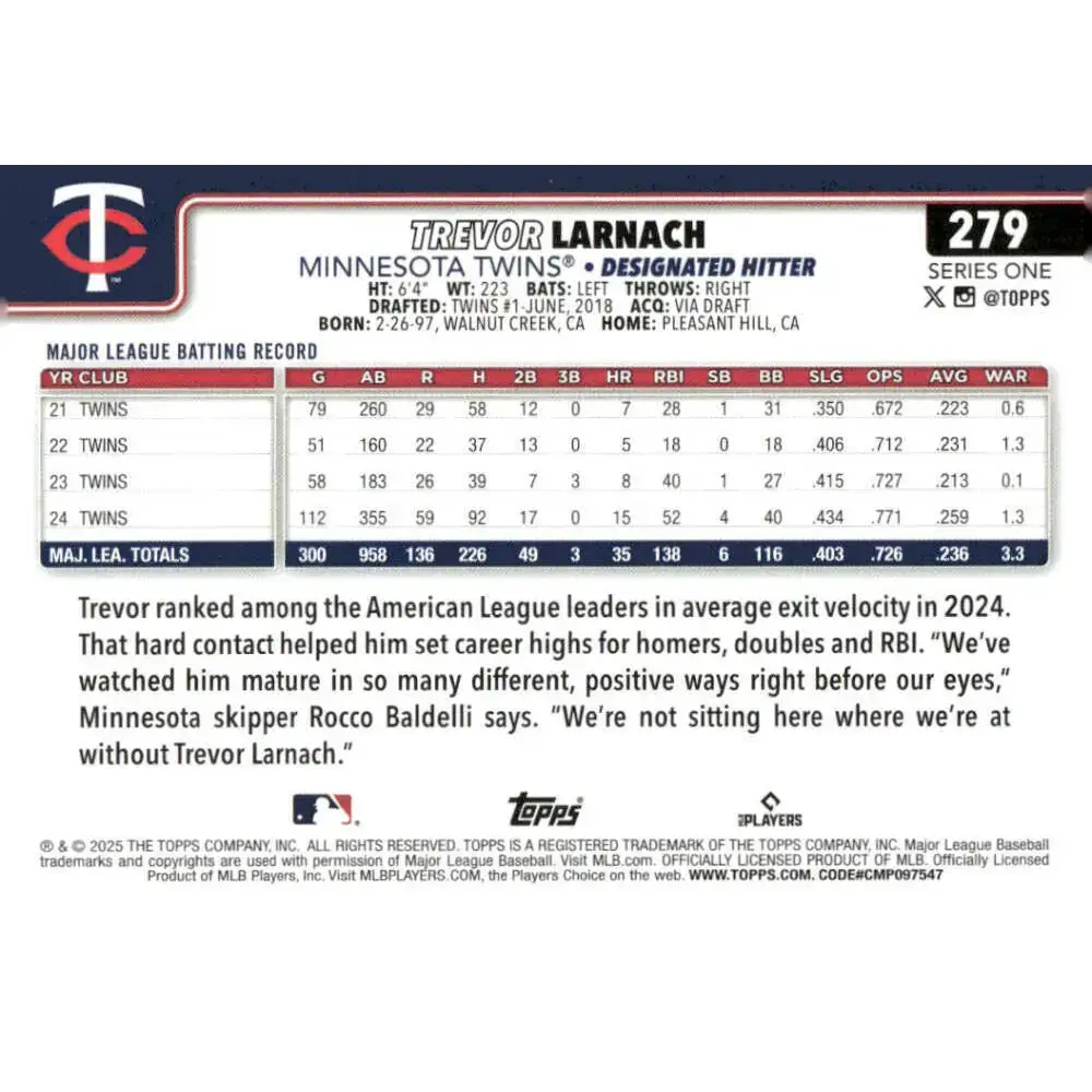 2025 Topps #279 Trevor Larnach NM-MT Minnesota Twins Baseball Card - Baseball Card Single