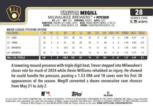 Original gloss baseball trading card for Trevor Megill NM-MT from 2025 Topps #28