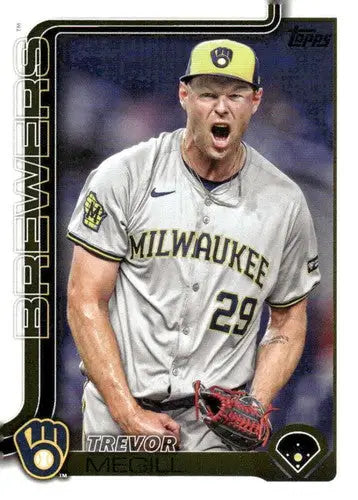 Original gloss baseball trading card of Trevor Megill NM-MT from 2025 Topps Brewers