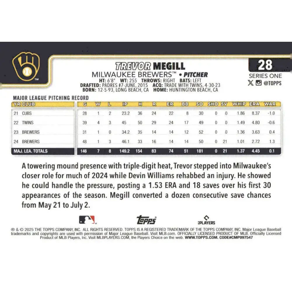 2025 Topps #28 Trevor Megill NM-MT Milwaukee Brewers Baseball Card - Baseball Card Single