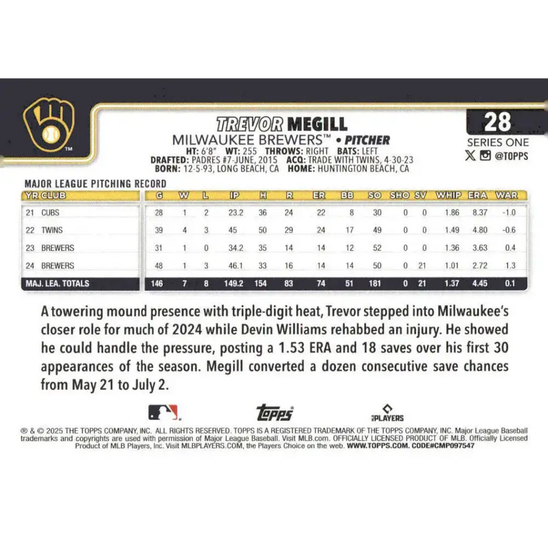 2025 Topps #28 Trevor Megill NM-MT Milwaukee Brewers Baseball Card - Baseball Card Single