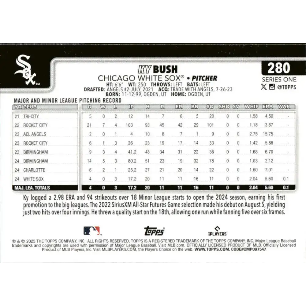 2025 Topps #280 Ky Bush NM-MT RC Rookie Chicago White Sox Baseball Card - Baseball Card Single