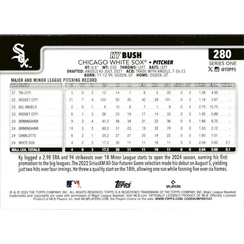 2025 Topps #280 Ky Bush NM-MT RC Rookie Chicago White Sox Baseball Card - Baseball Card Single